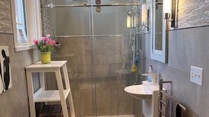 A modern bathroom with a glass-enclosed shower, a white sink, and a toilet. There is a small shelf with a vase of flowers and a ladder for storage. - Large Luxury Downtown "Design Studio" One Bedroom Apartment (Findlay)