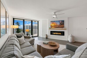 Smart TV, fireplace, DVD player, books