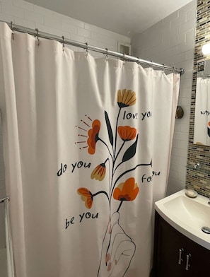 Hair dryer, towels, soap, shampoo