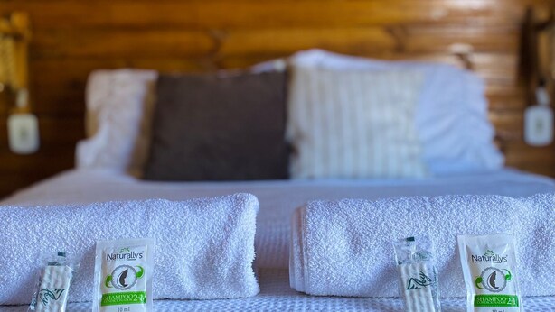 Habitación de hotel con cabecera de madera, cama con ropa blanca, dos toallas y dos botellas de champú.