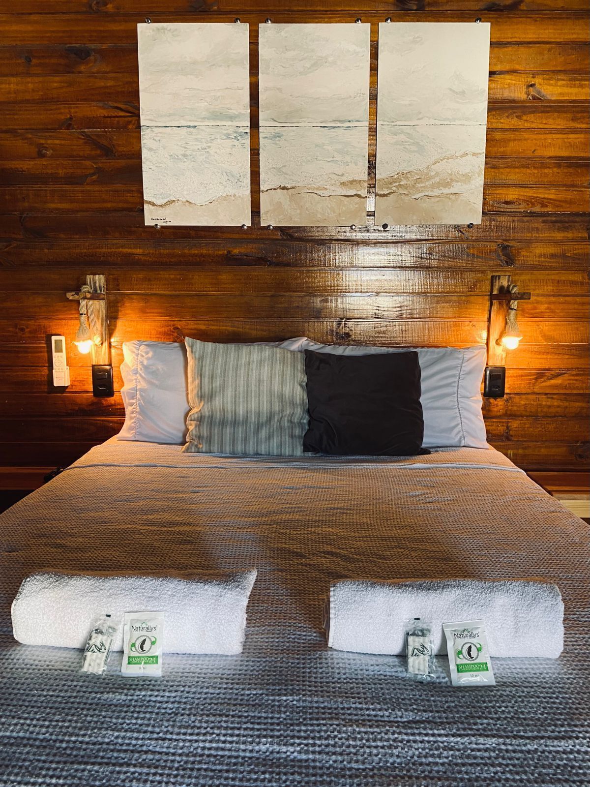 Una habitación con paneles de madera, una cama, dos lámparas fijadas a la pared y un cuadro sobre la cama.