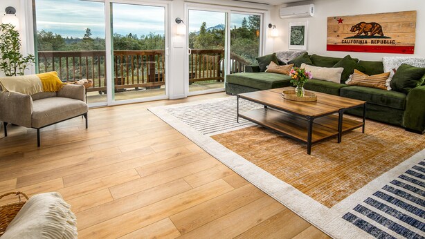 Un salon spacieux avec un canapé vert, une table basse en bois et un fauteuil gris. Une grande porte-fenêtre coulissante donne accès à un balcon doté d’une balustrade en bois.