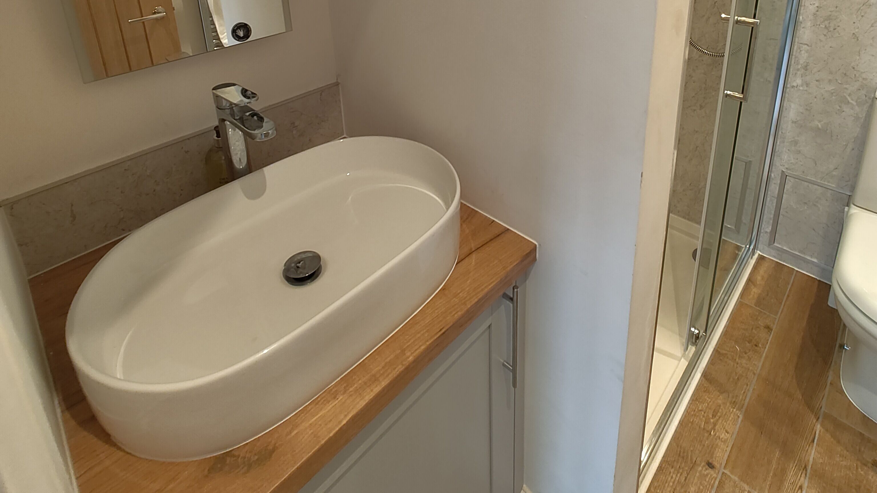 A bathroom with a white sink, a mirror, and a shower.
