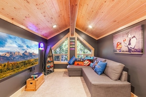 Smart TV, fireplace, video games, DVD player