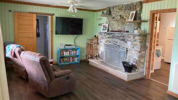 智能电视、壁炉、DVD 播放器、书