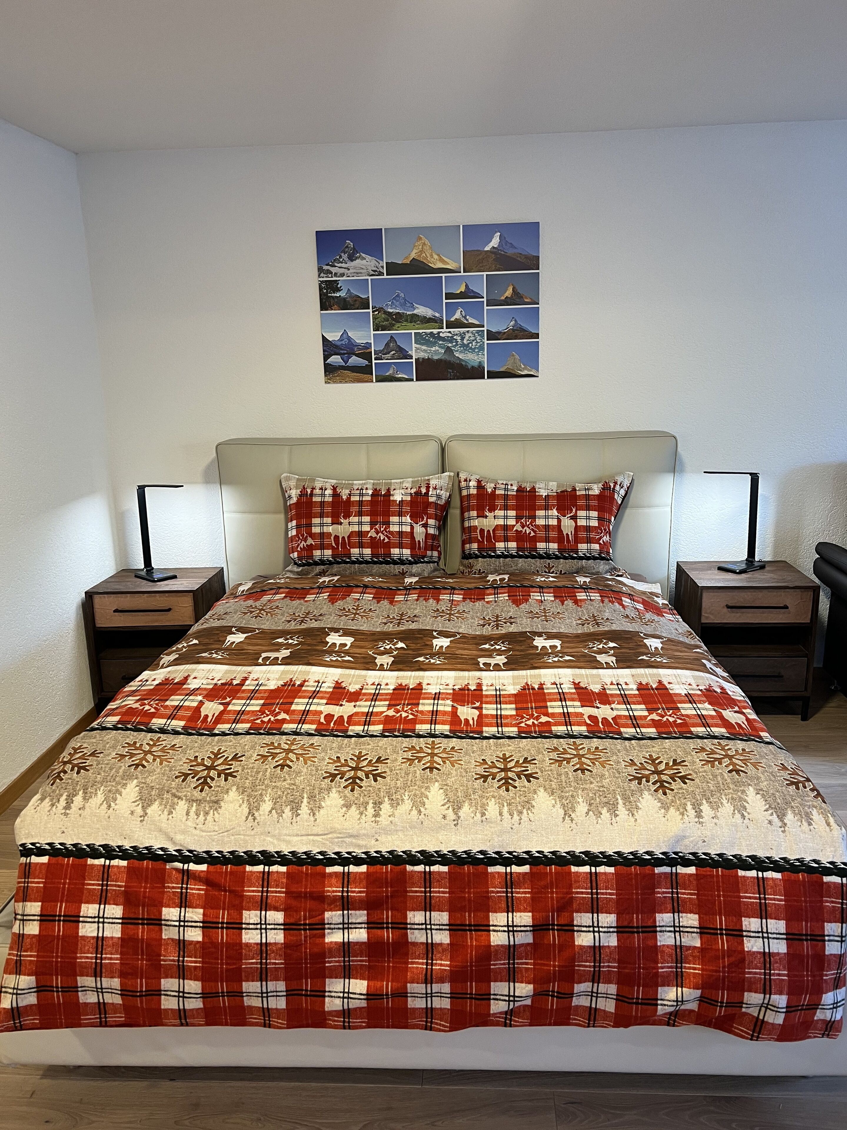 Una cama con una colcha a cuadros rojo y blanco, dos almohadas iguales y un cabecero. Hay dos mesitas de noche con lámparas, un cuadro colgado en la pared de montañas, y un suelo de madera.