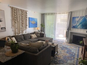 Smart TV, fireplace, video games, DVD player