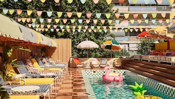 Outdoor pool, open 9:00 AM to 9:00 PM, free cabanas, pool umbrellas