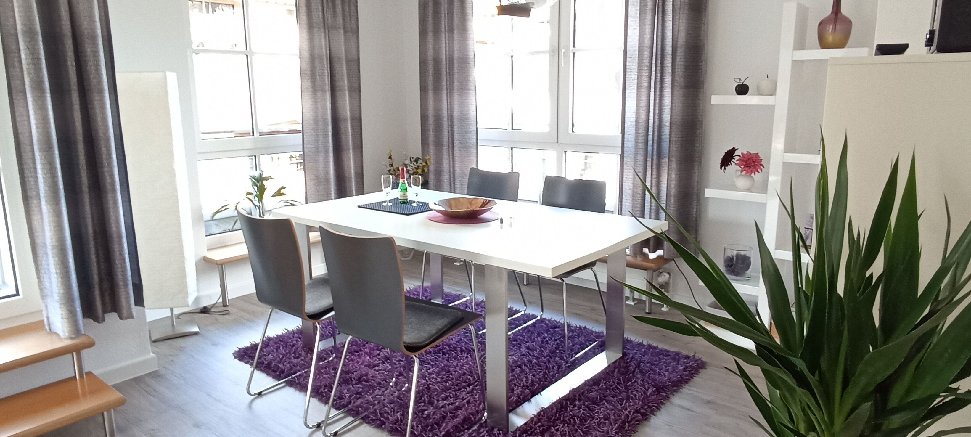 Ein Essbereich mit einem weißen Tisch, grauen Stühlen, einem violetten Teppich und einer großen grünen Pflanze.