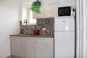 Fridge, microwave, cookware/dishes/utensils