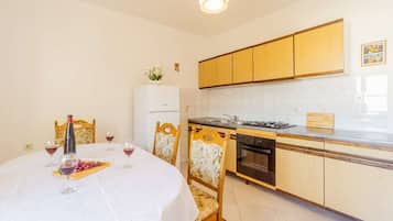 Fridge, oven, stovetop, cookware/dishes/utensils