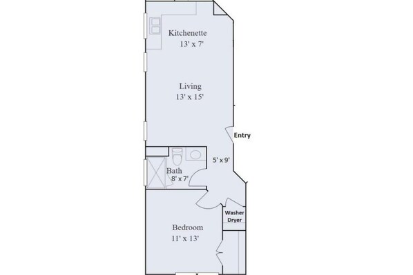 A floor plan with a kitchen (13' x 7'), living room (13' x 15'), bathroom (8' x 7'), and bedroom (11' x 13').