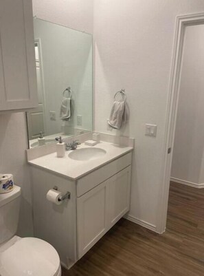Shower, hair dryer, bidet, towels