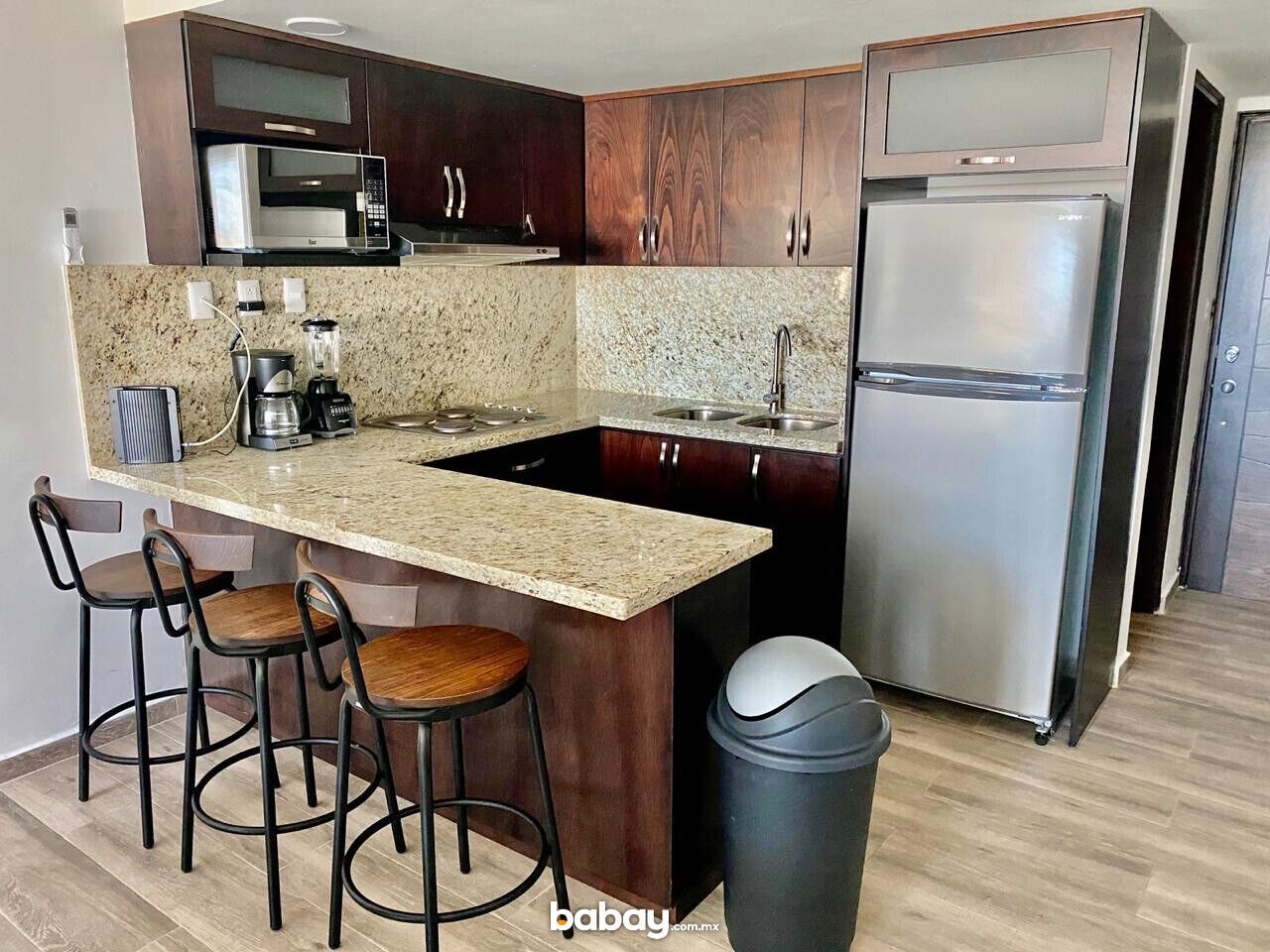 Fridge, microwave, stovetop, coffee/tea maker