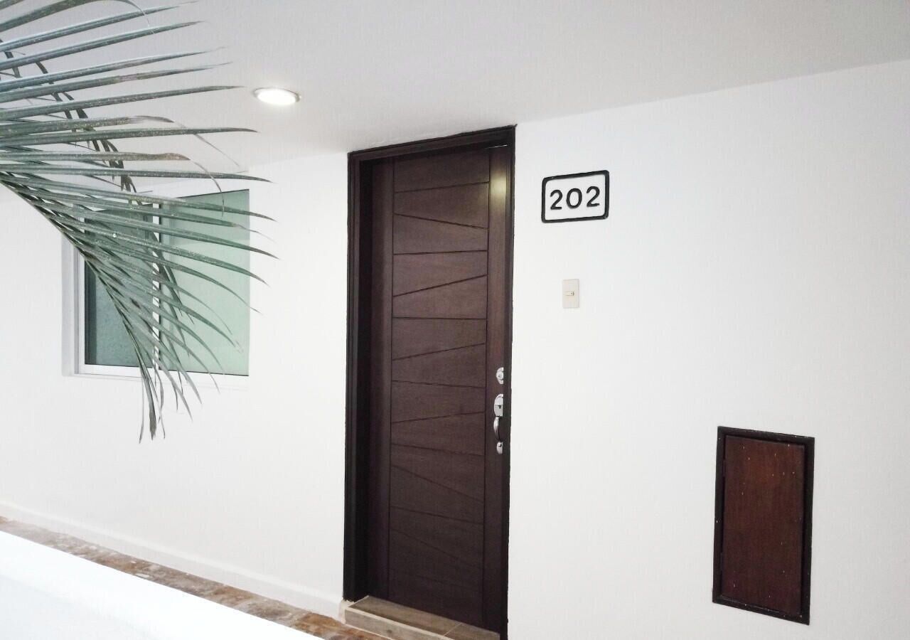 Une porte en bois sombre, avec le numéro « 202 » au-dessus, une petite fenêtre ornée d’une plante et un spot encastré dans le plafond.