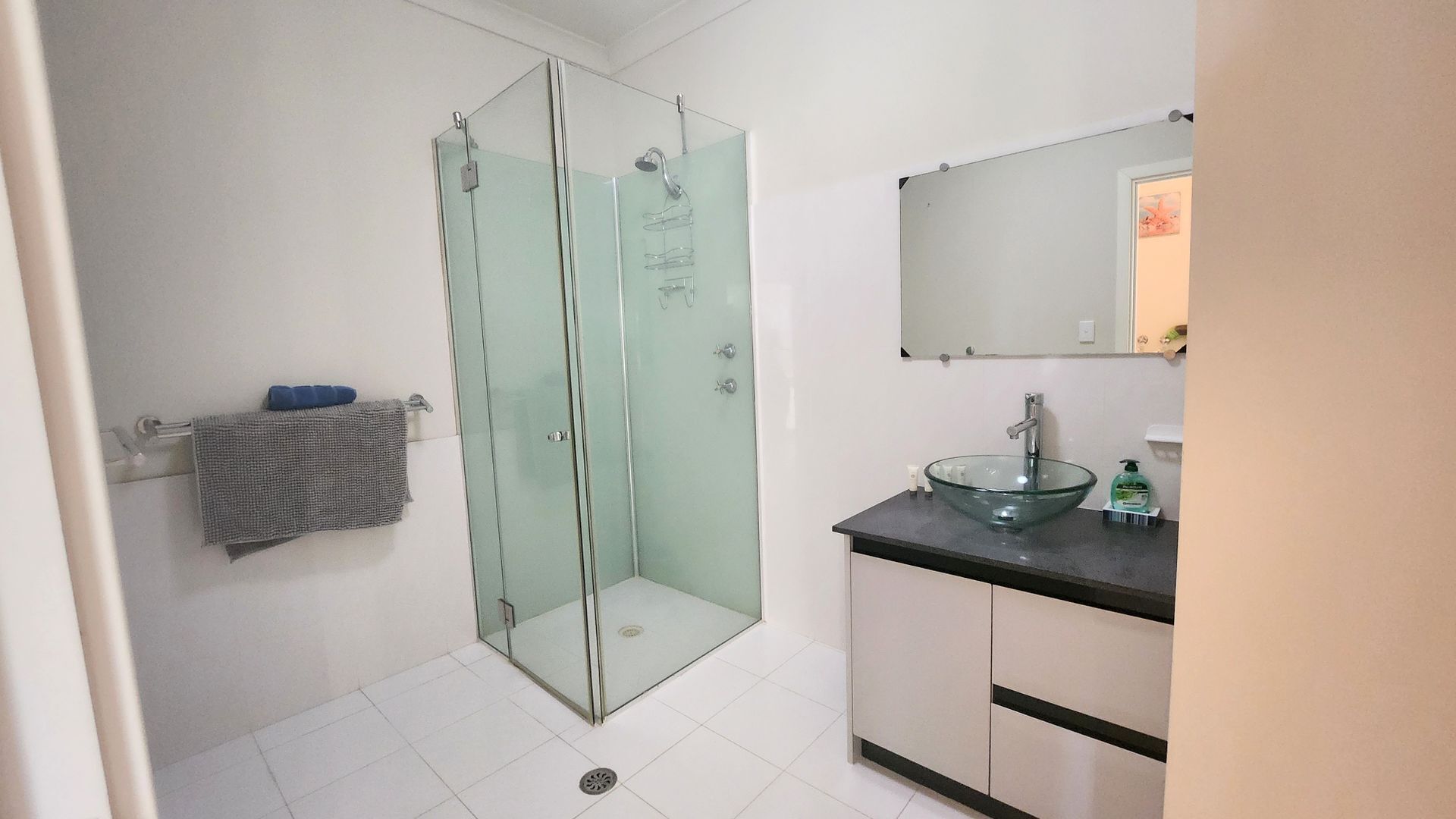 Shower, towels, soap, shampoo