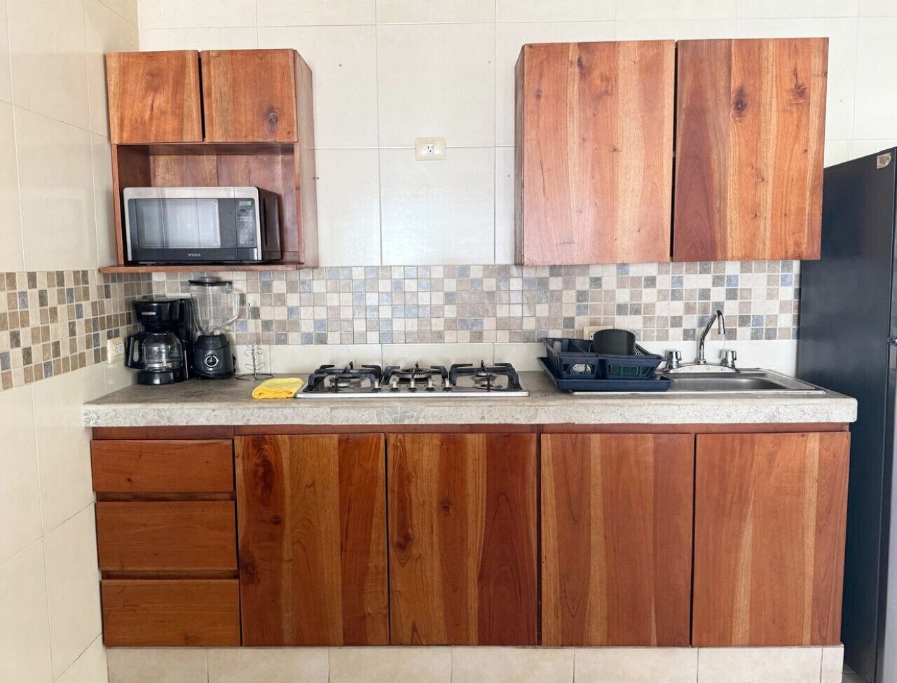 Fridge, microwave, stovetop, cookware/dishes/utensils