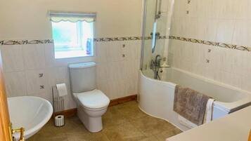 Hair dryer, towels, soap, toilet paper
