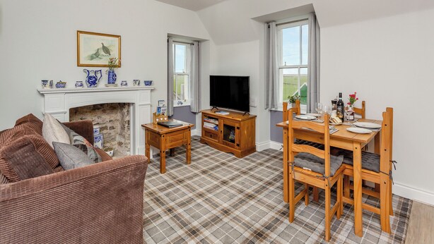 Een woonkamer met een open haard, televisie, eettafel en stoelen.