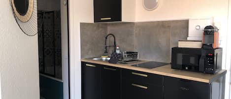 Fridge, microwave, stovetop, coffee/tea maker