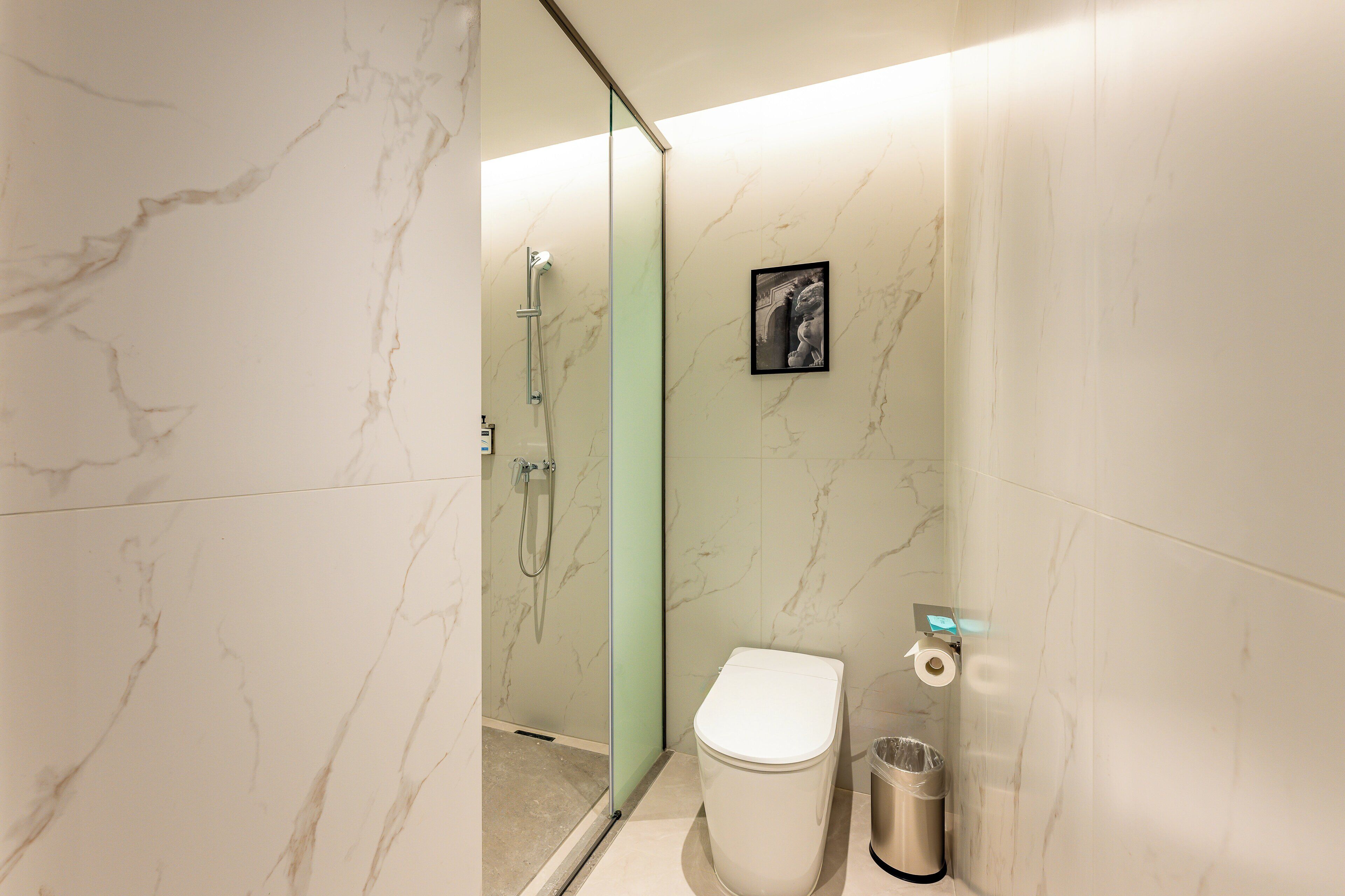 Une salle de bain moderne avec une douche à parois de verre, des toilettes et une poubelle.
