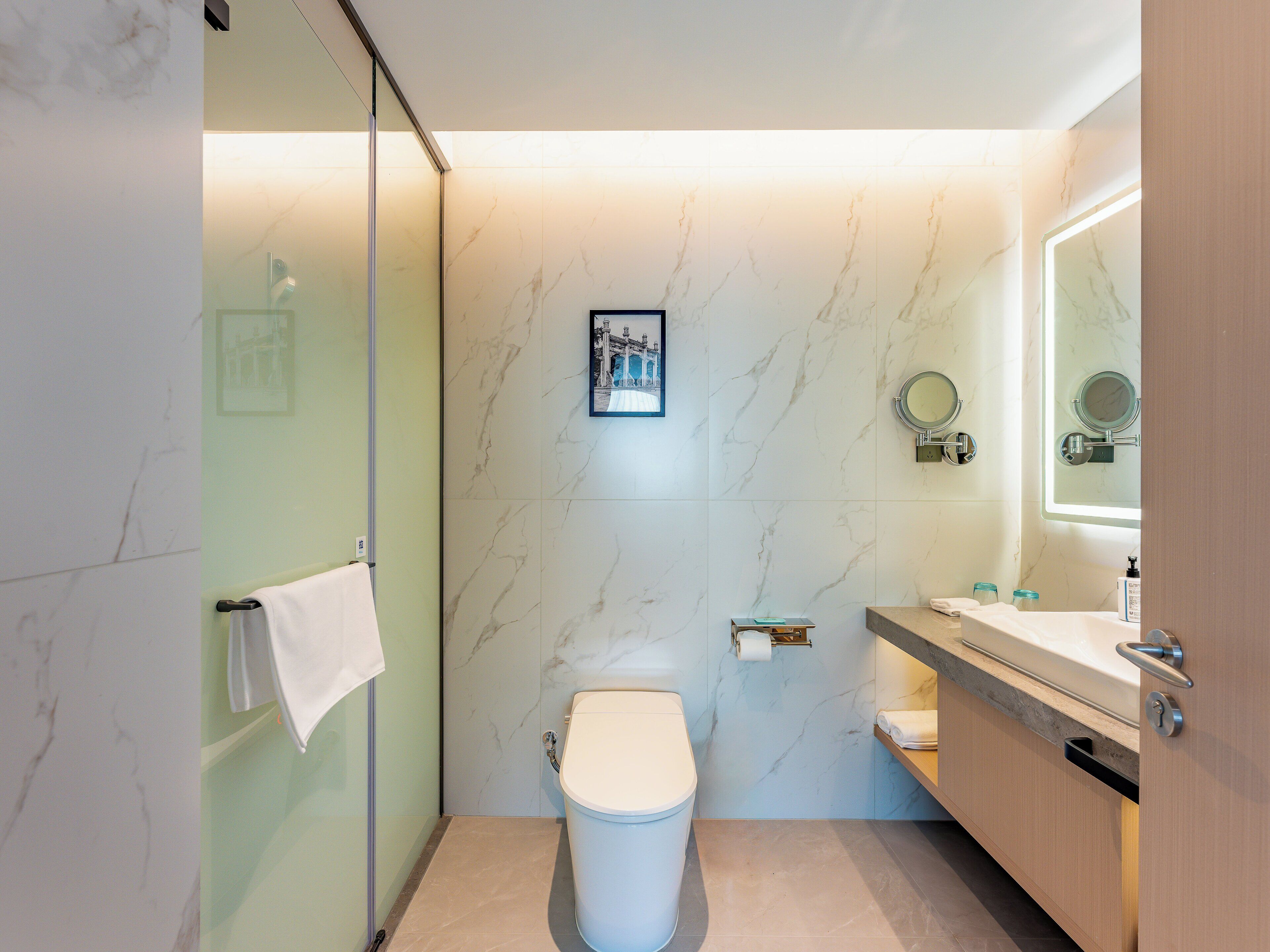 A modern bathroom with a glass shower enclosure, a toilet, a sink with a mirror, and a towel rack.