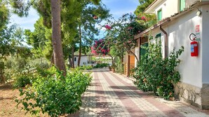 A paved pathway lined with greenery and a building with a fire extinguisher on the wall.