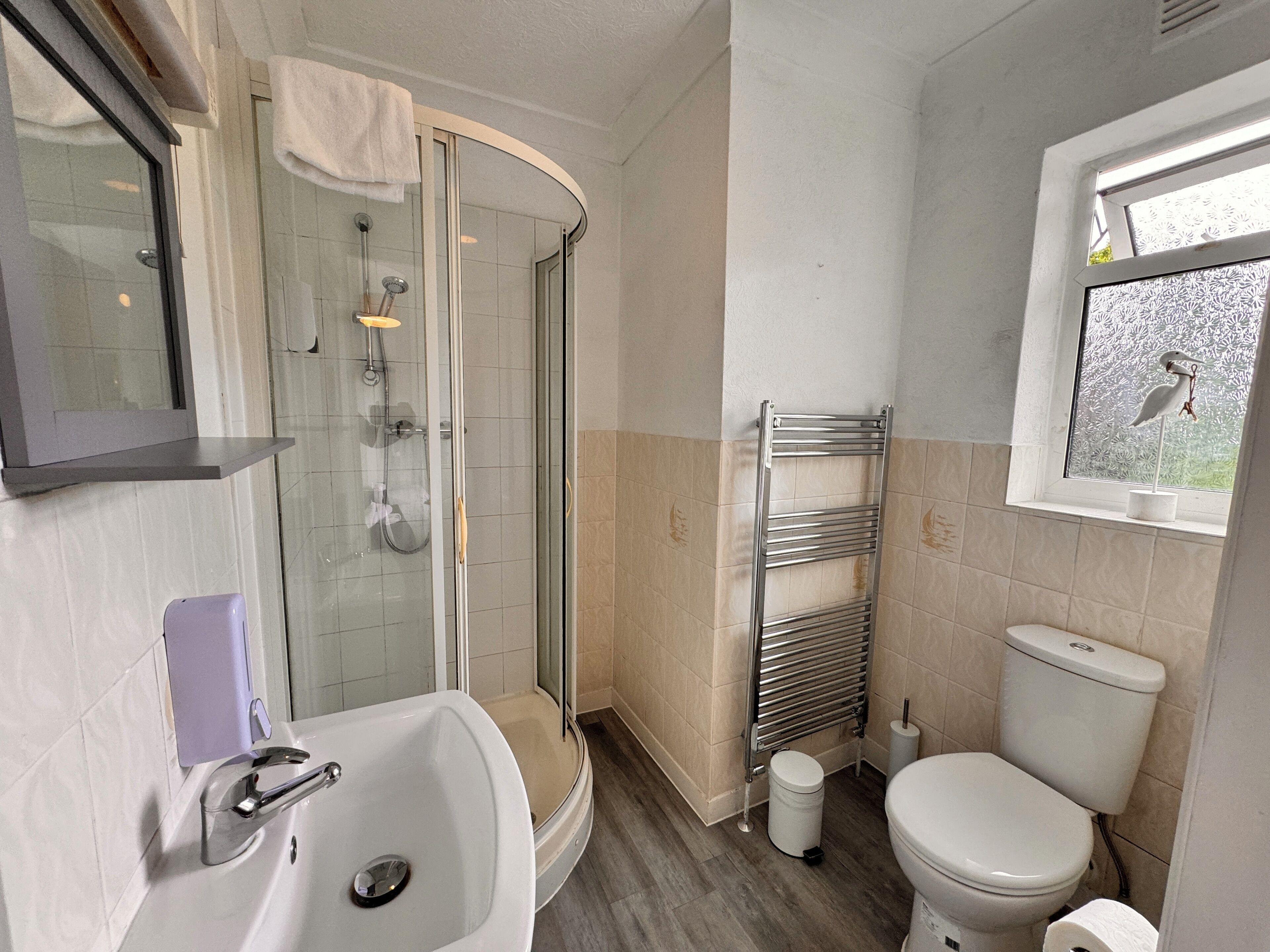 Deluxe driepersoonskamer | Badkamer | Een douche, een regendouche, een haardroger, zeep