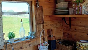 A rustic kitchen with wooden walls, a window with a view of a field, a sink, and various kitchen items like a kettle, a vase with flowers, and a toaster. - Beautiful Idilic Stay at The Box (Chichester)