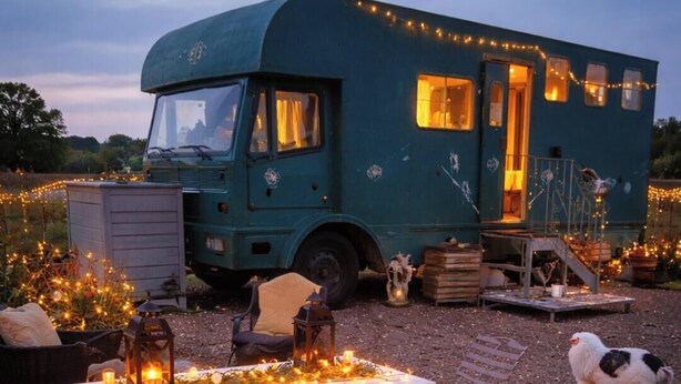 A vintage camper van with a fire pit and chickens in the foreground. - Beautiful Idilic Stay at The Box (Chichester)