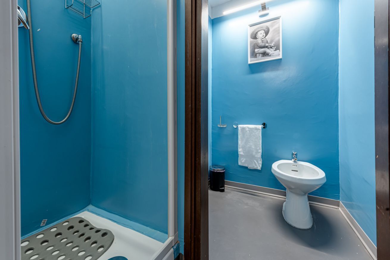 Een badkamer met een douche, een toiletbril en een handdoekhouder.