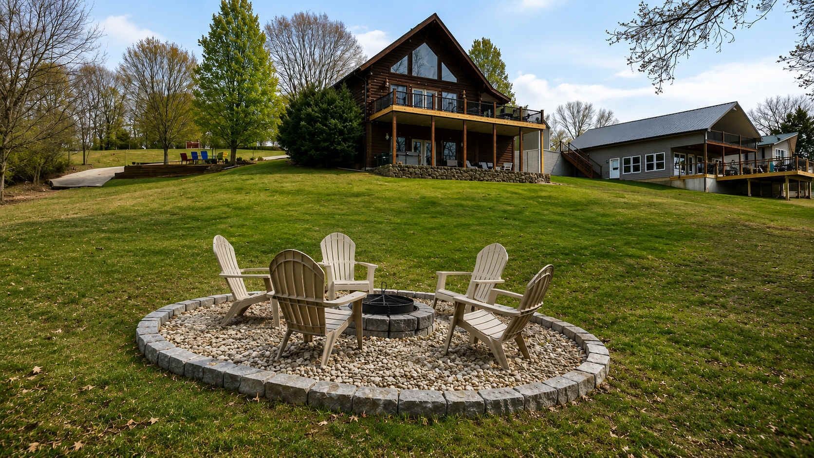 A log cabin with a deck and a fire pit with chairs in the yard.