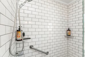 Hair dryer, towels, soap, shampoo