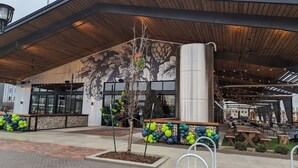 A modern building with a large sign reading 'BREWERY' and a mural of a tree on the facade. - 1960s Gem-Close to Downtown & In a Quiet Area (Cedar Rapids)