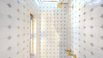 A bathroom with white hexagonal tiles, a skylight, and a gold shower fixture.