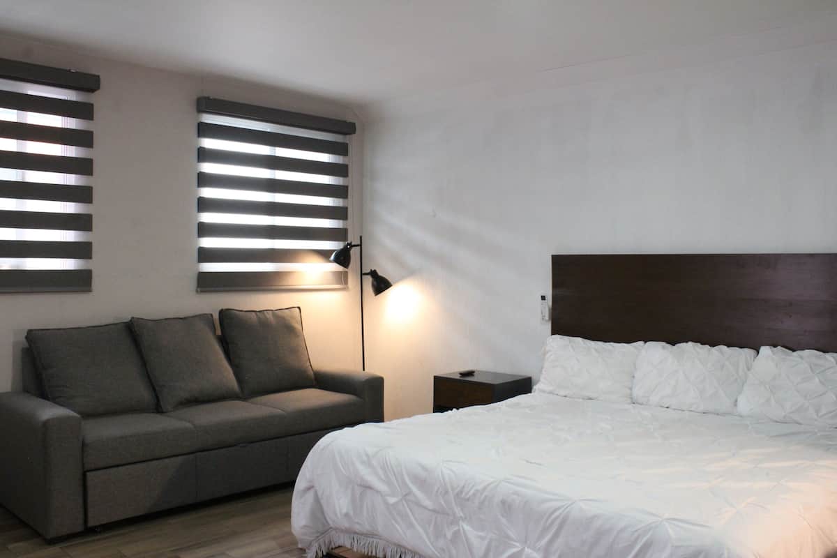 A bedroom with a bed, a sofa, a nightstand, and a wall-mounted lamp.