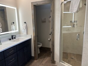 Hair dryer, towels, soap, toilet paper
