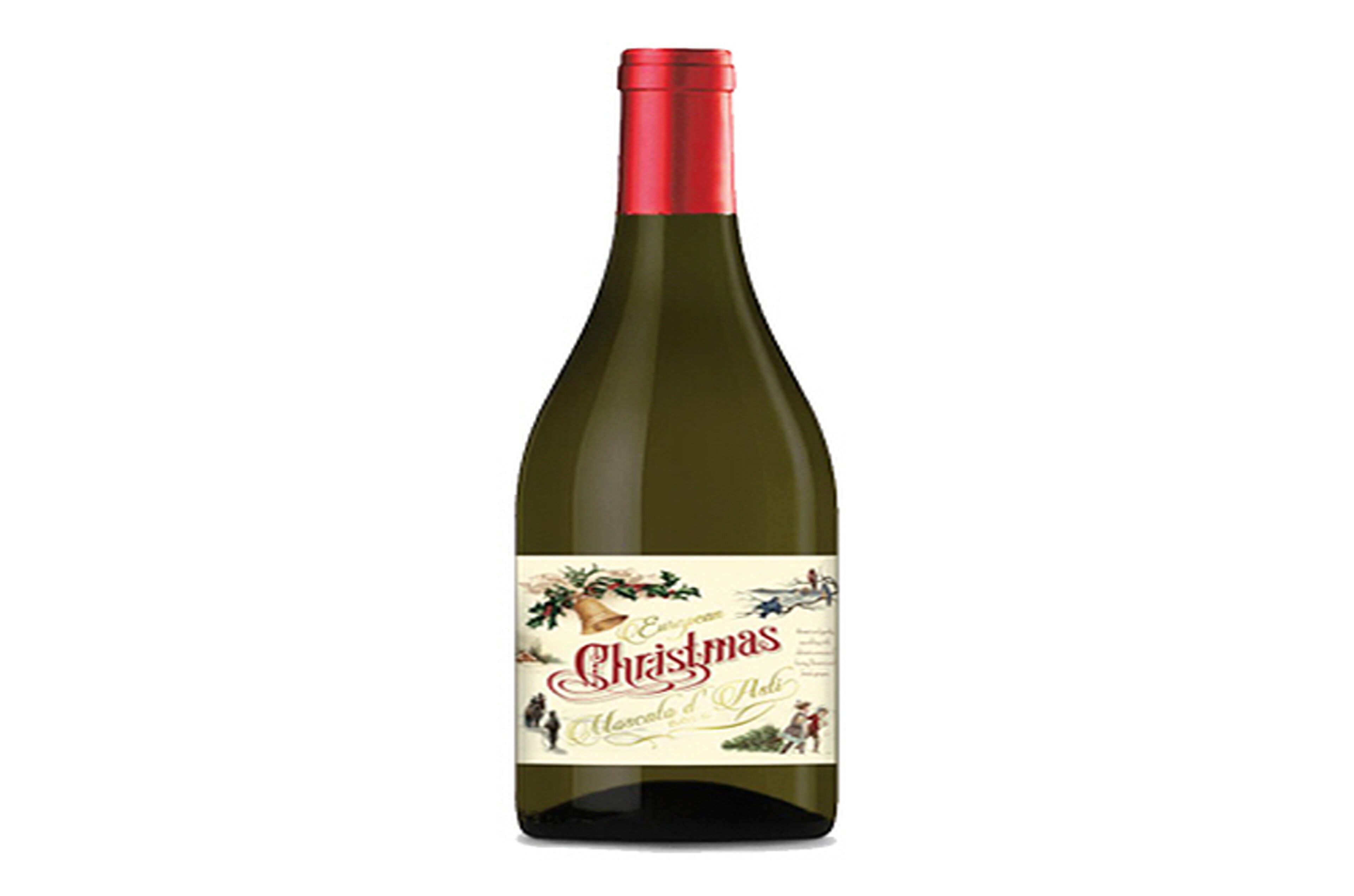 Una botella de vino con etiqueta navideña.