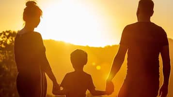 Silhouet van een gezin dat hand in hand staat voor een zonsondergang.