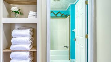 Hair dryer, towels, toilet paper