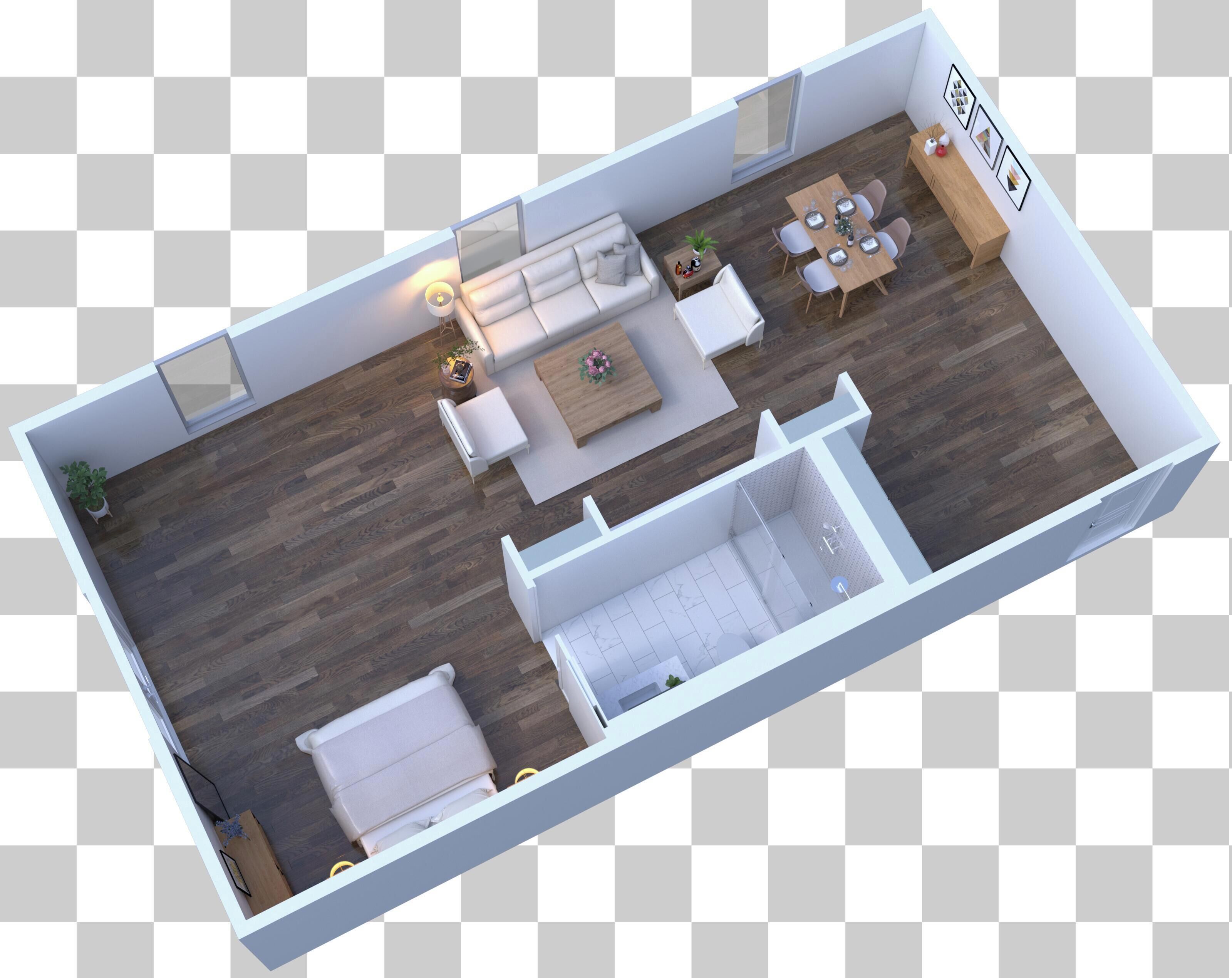 A 3D floor plan of a modern apartment with a living area, dining space, and a bathroom.