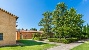 A courtyard with a paved walkway, a large tree, and a building with a tiled roof.
