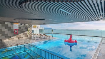 Indoor pool, open 6:30 AM to 8:00 PM, pool umbrellas, pool loungers