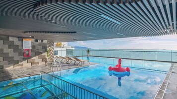 Indoor pool, open 6:30 AM to 8:00 PM, pool umbrellas, sun loungers