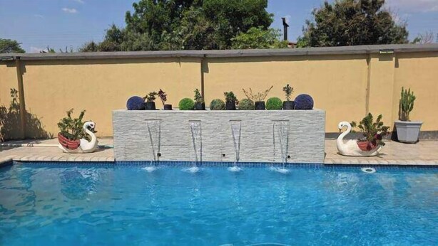 A swimming pool with a stone wall and swan decorations.