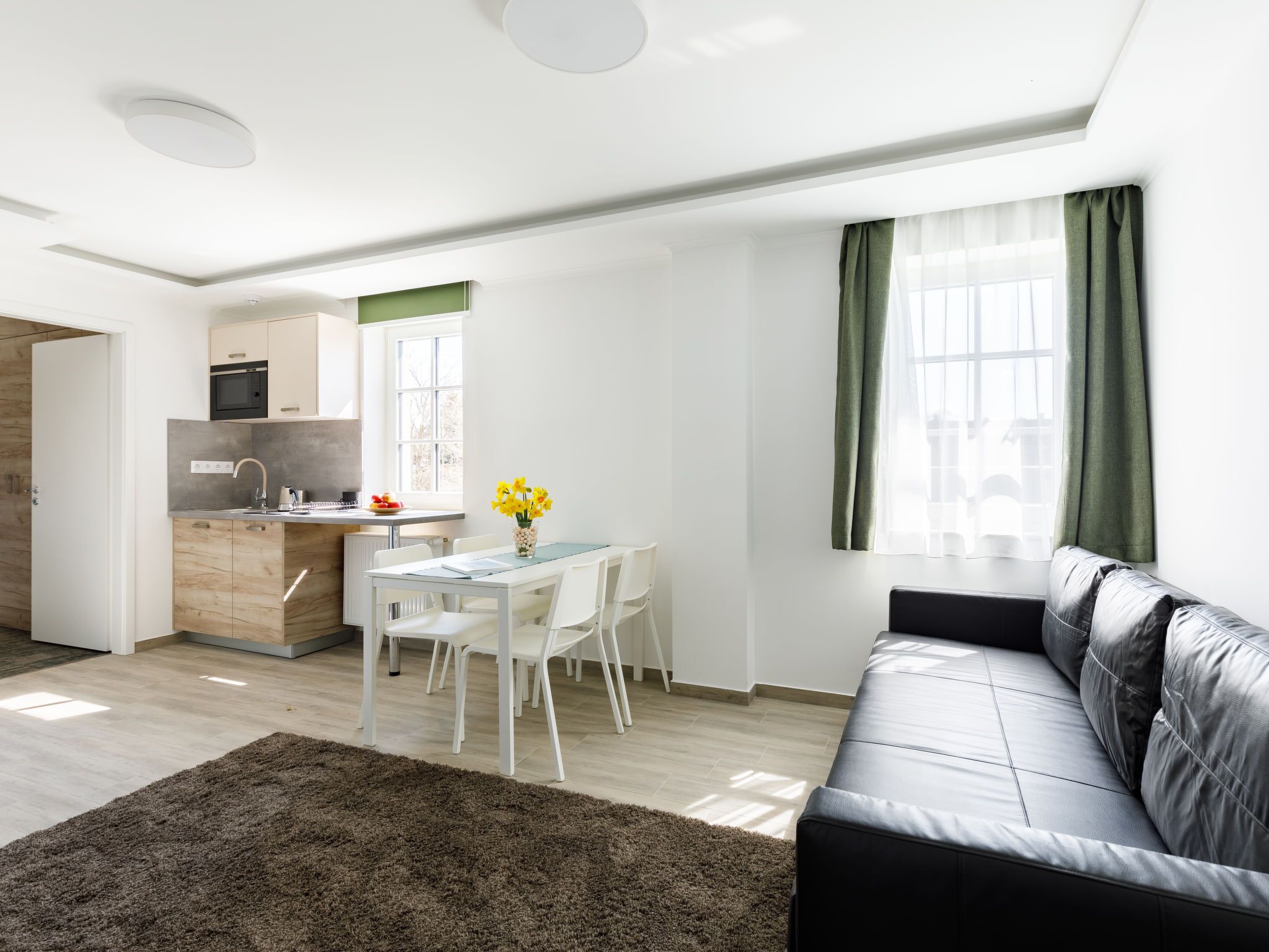 A modern apartment with a kitchen, dining area, and living room.