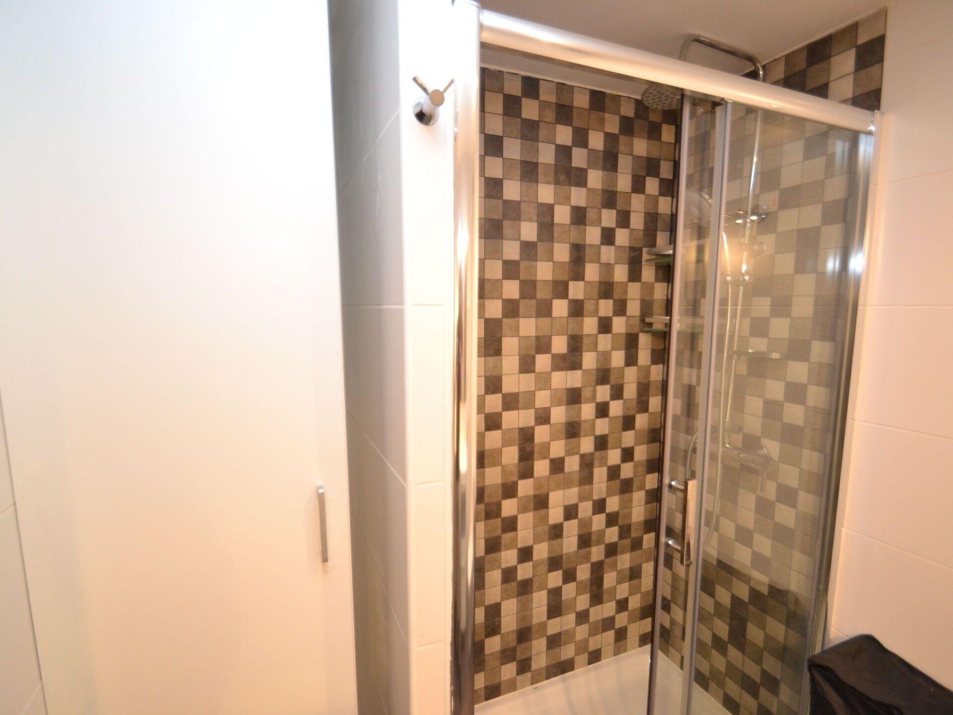 A glass-enclosed shower with a checkered tile wall.