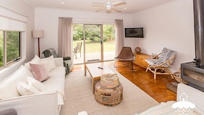 TV, fireplace, DVD player, books