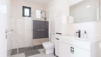 Douche, sèche-cheveux, serviettes fournies, savon