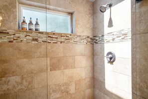 Shower, hair dryer, towels, soap